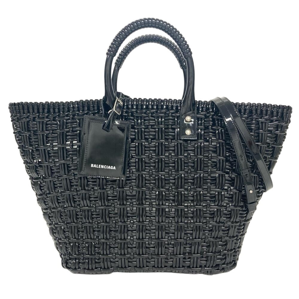 Balenciaga Bistro S Basket Tote Bag, 2-Way, Enamel, 671346, Black with Silver...